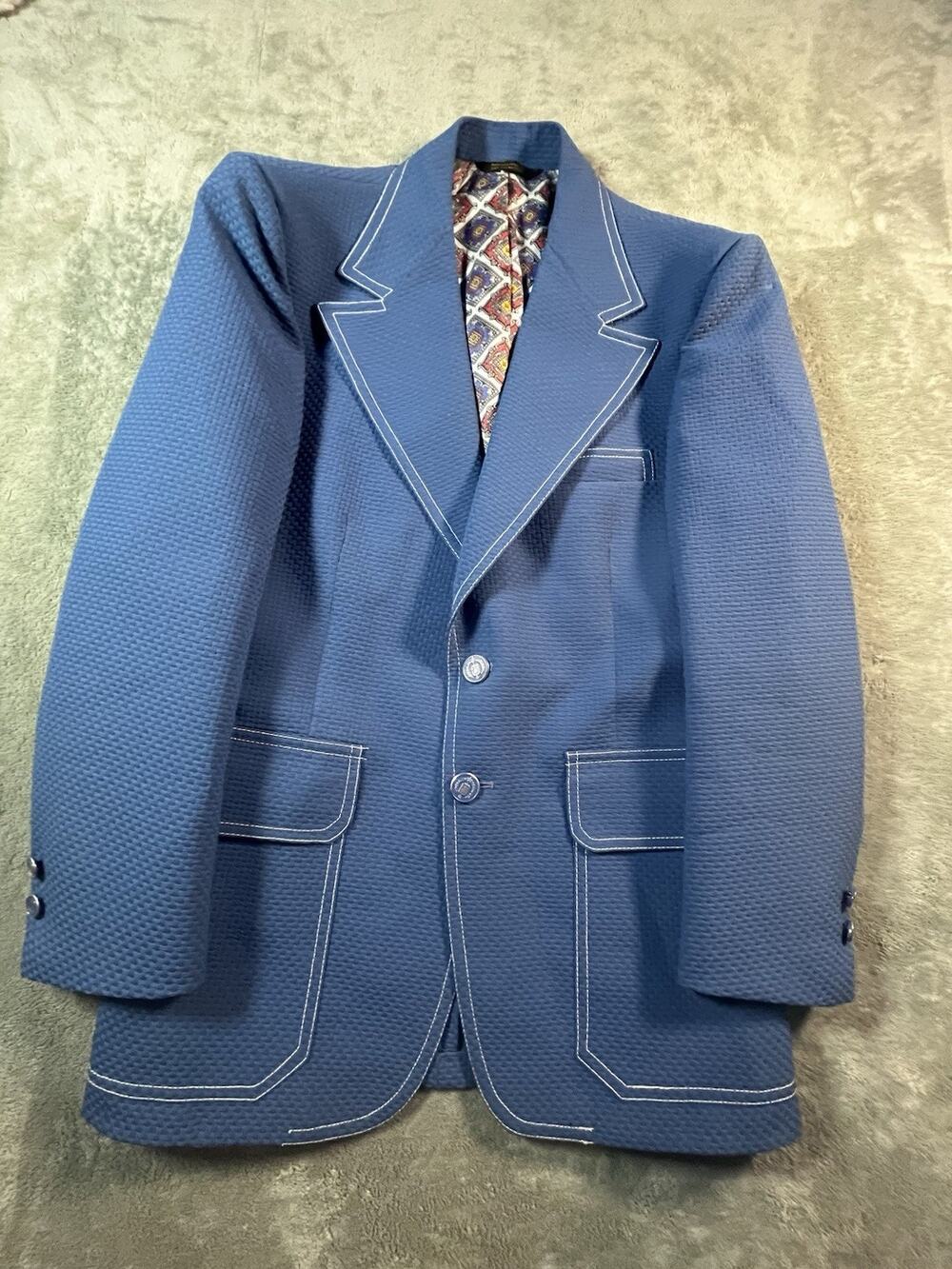 Vintage 80s Blue Textured Sport Coat White Contrast Stitch Retro Mod Blazer